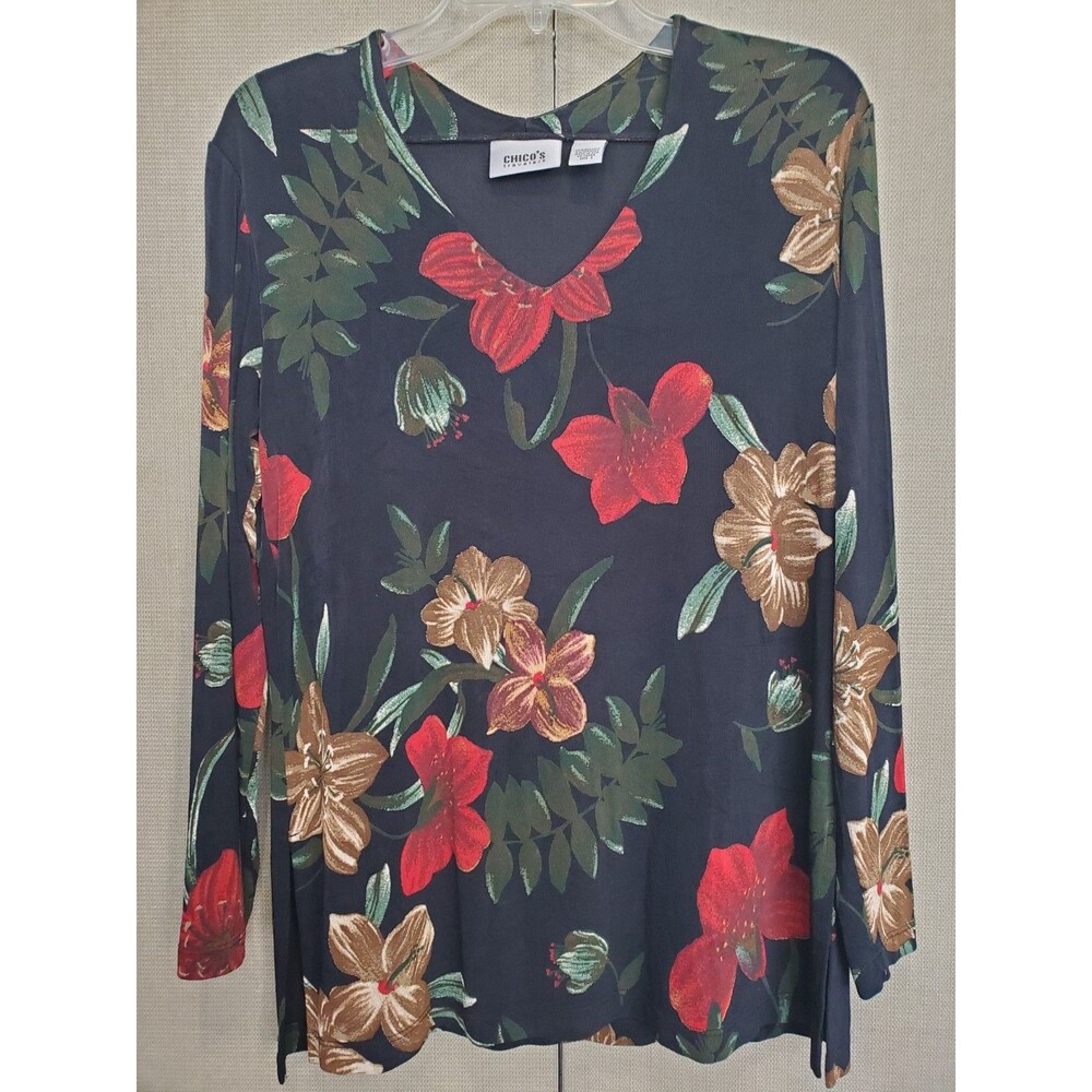 Chico's Travelers Black Floral V-Neck Long Sleeve Blouse Size 1 Medium